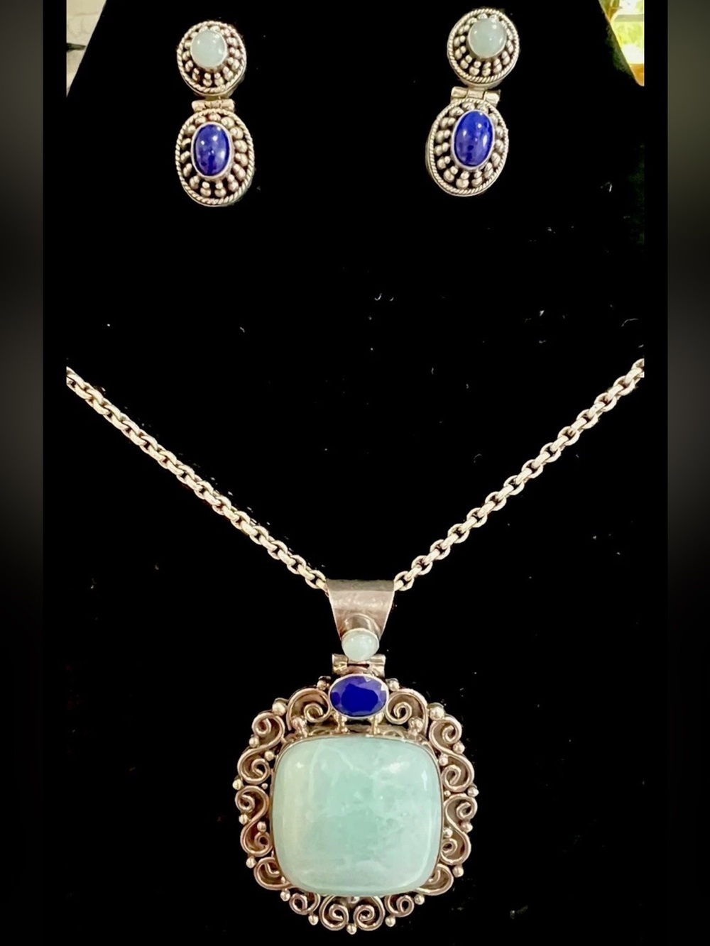 Suarti Bali 925 Sterling Silver Statement Pendant Lapis Chalcedony Earrings Set